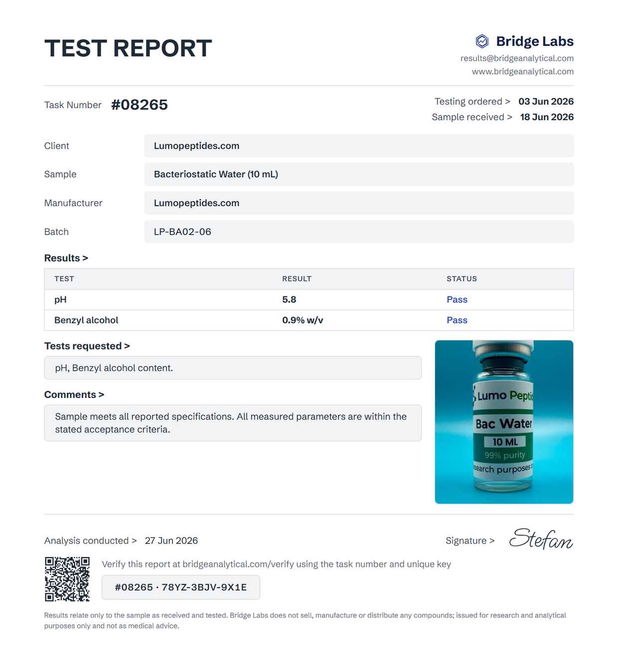 Bacteriostatic Water 10 mL testrapport Bridge Labs