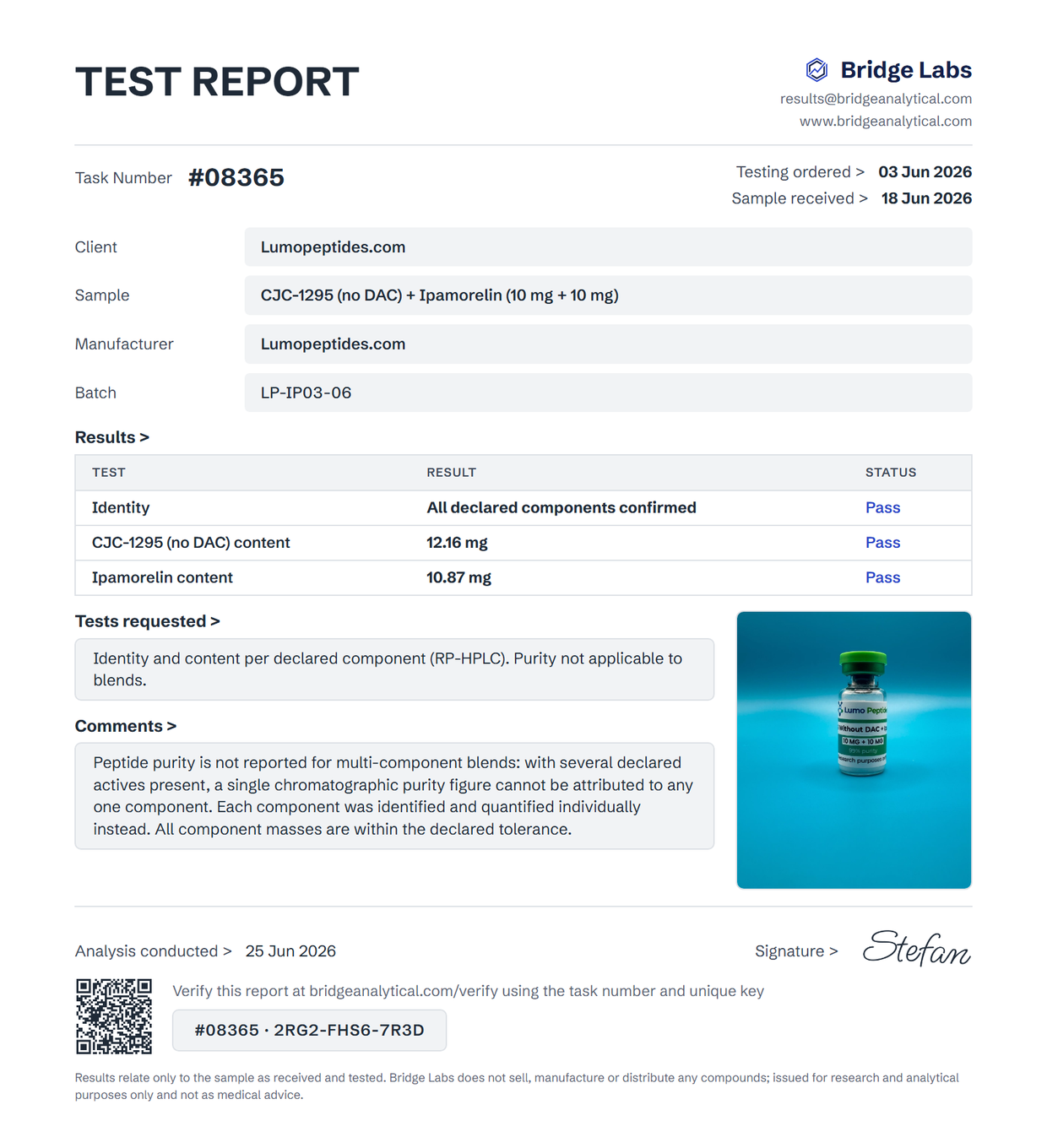 CJC-1295 + Ipamorelin 10 mg + 10 mg testrapport Bridge Labs
