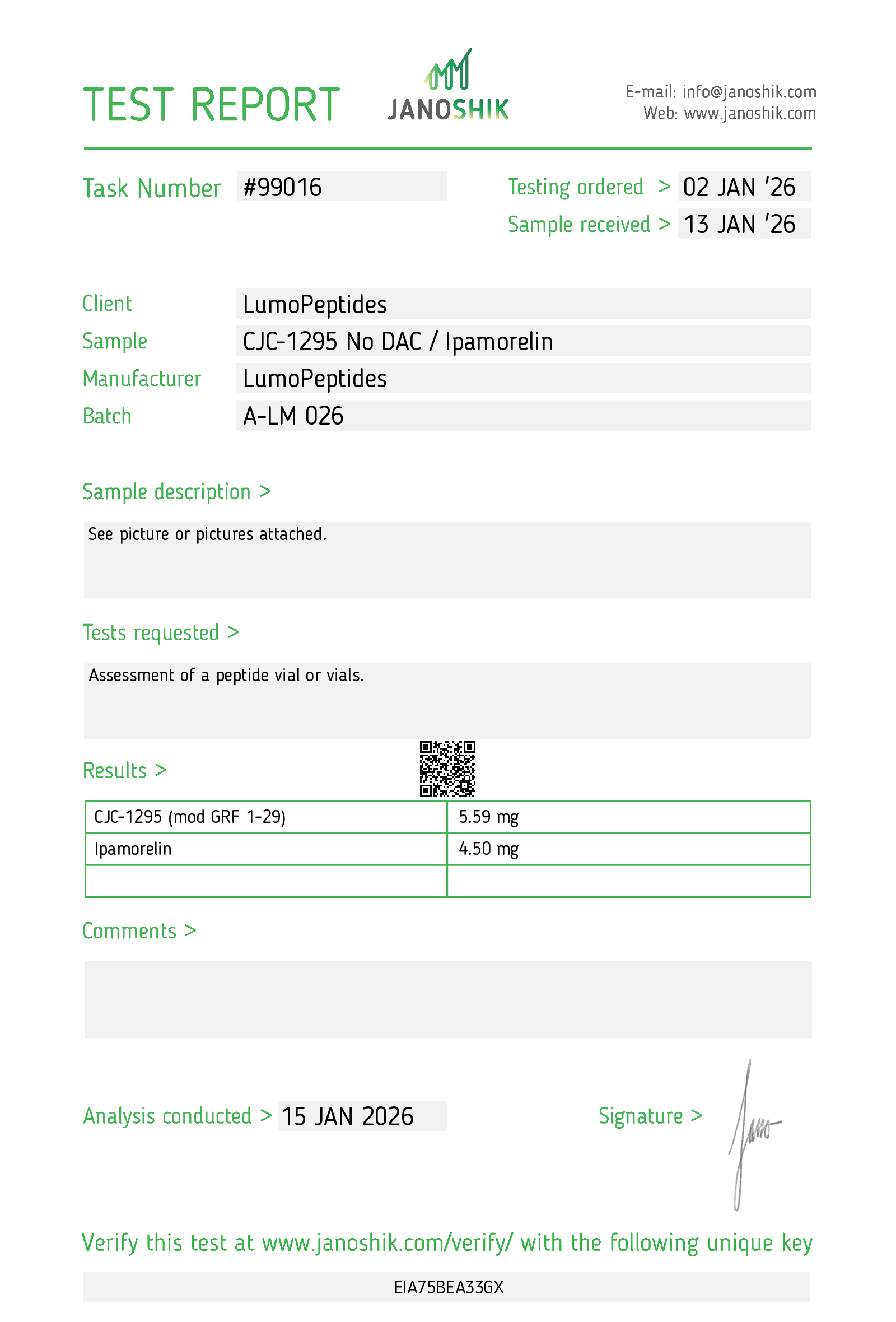 CJC-1295 + Ipamorelin testrapport Janoshik (gehalte per component)