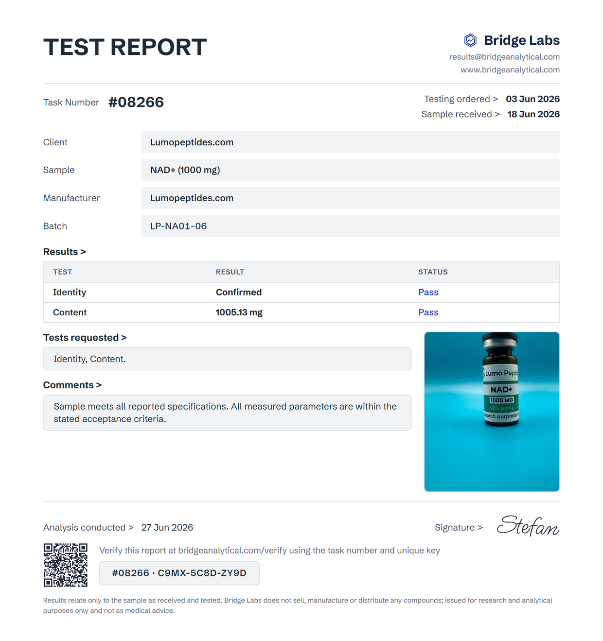 NAD+ 1000 mg testrapport Bridge Labs